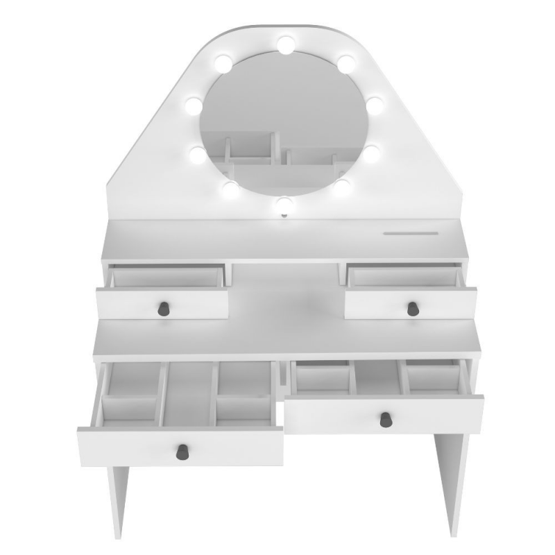 Toeletta con specchio a luci a led con doppio ripiano e 4 cassetti bianco