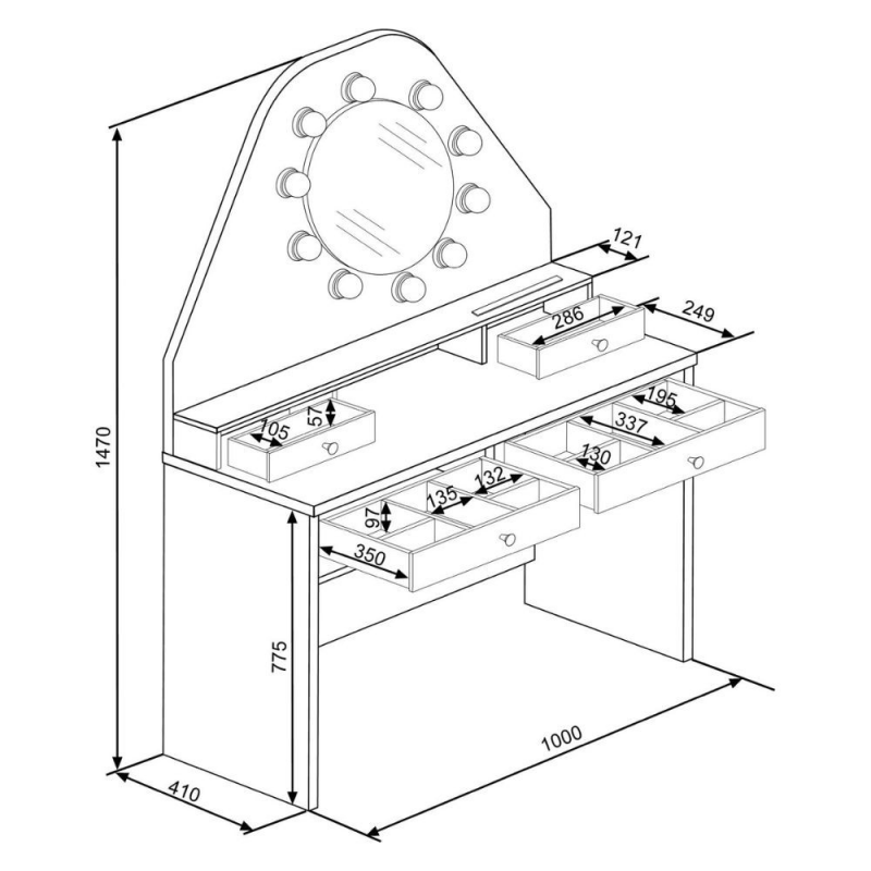 Toeletta con specchio a luci a led con doppio ripiano e 4 cassetti bianco