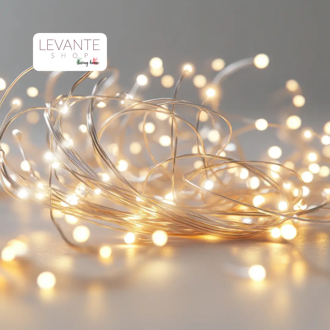 “Primo piano di catena luminosa LED a luce calda per decorazioni natalizie interne – Levante Shop.”